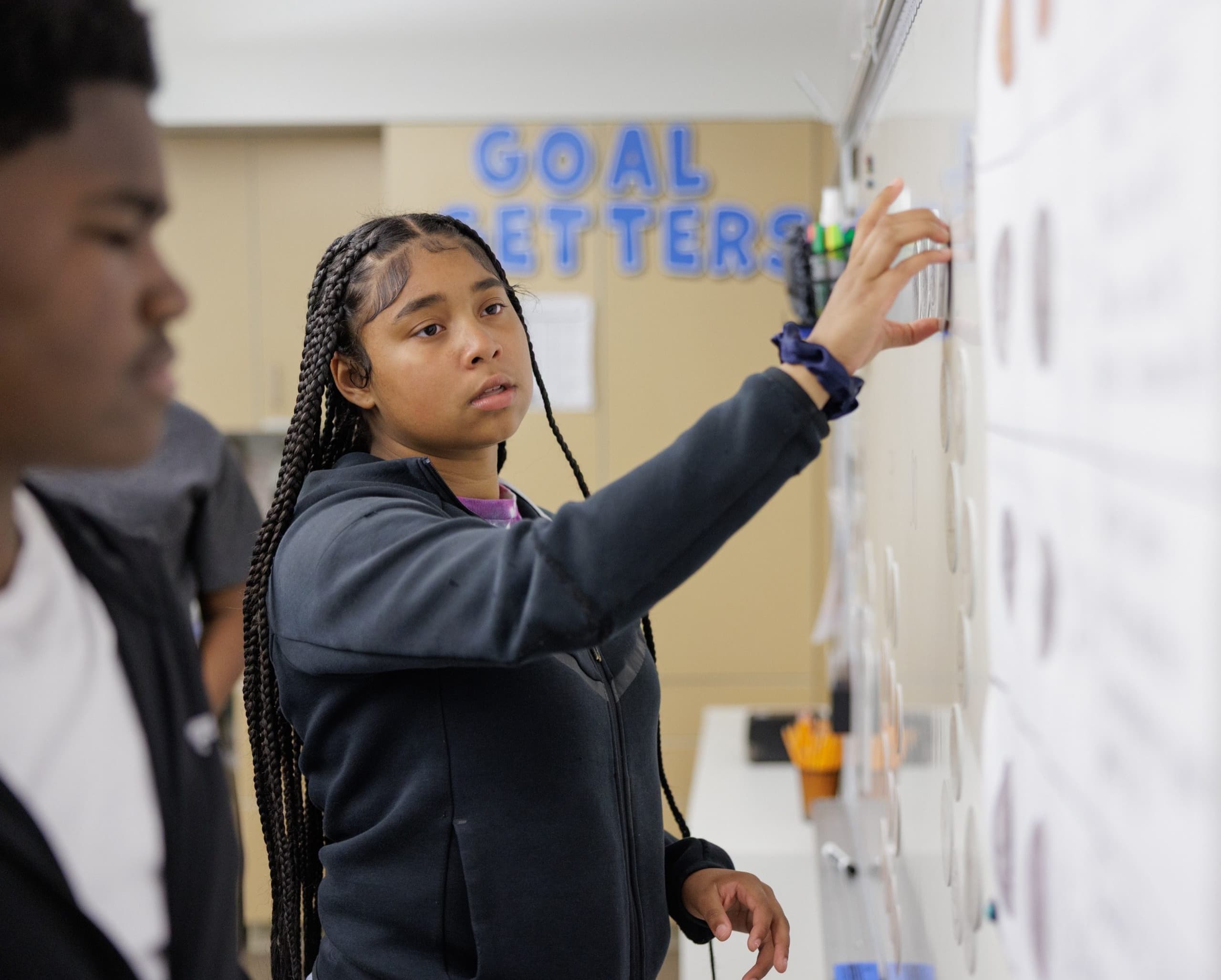 Students using the classroom whiteboard