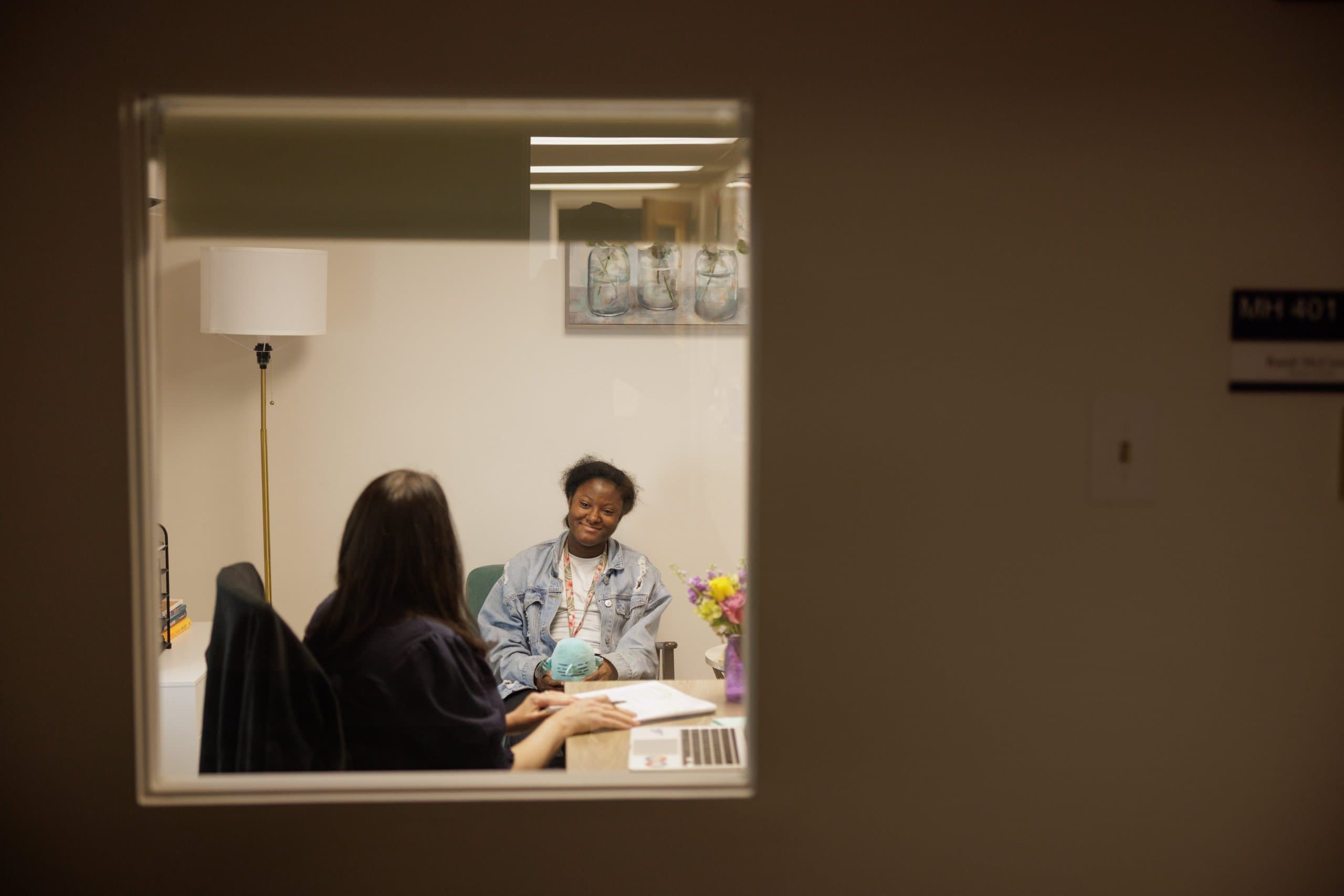 Student and staff member having a conversation in a meeting room